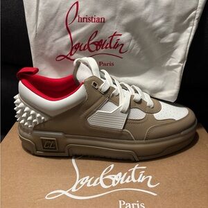 Christian Louboutin Tan and Red Spiked Sneakers